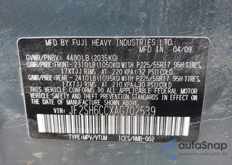 2010 Subaru Forester 2.5X Premium z USA, uszkodzony, nr VIN JF2SH6CCXAG702539